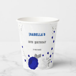 Vasos De Papel azul real y flores blancas plata