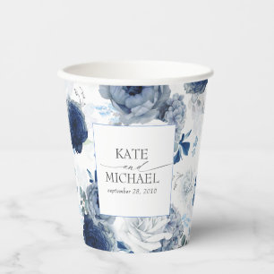 Vasos De Papel Azul turbio y azul marino Floral Botánica