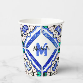 Vasos De Papel Azulejo Patrón Español Mosaicos Naval Monograma Bl