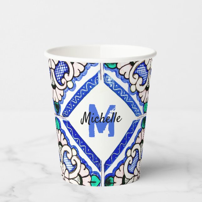 Vasos De Papel Azulejo Patrón Español Mosaicos Naval Monograma Bl (Izquierda)