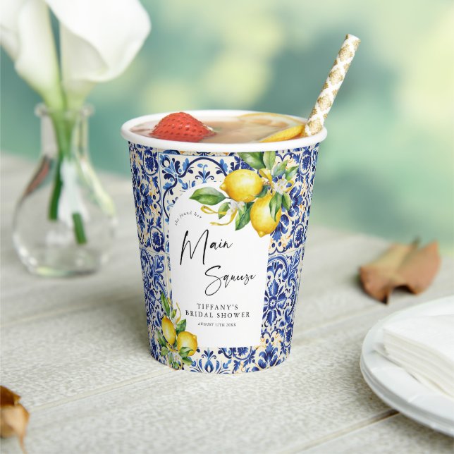 Vasos De Papel Azulejos Azules Mediterráneos Desayuno de Novia de (in situ)