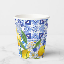 Vasos De Papel Azulejos azules mediterráneos ducha de novia limón