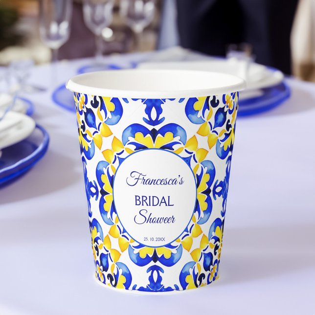 Vasos De Papel Azulejos azules Talavera ducha de novia mexicana (Talavera azulejo blue tiles Mexican bridal shower Paper Cups personalized tableware decor)
