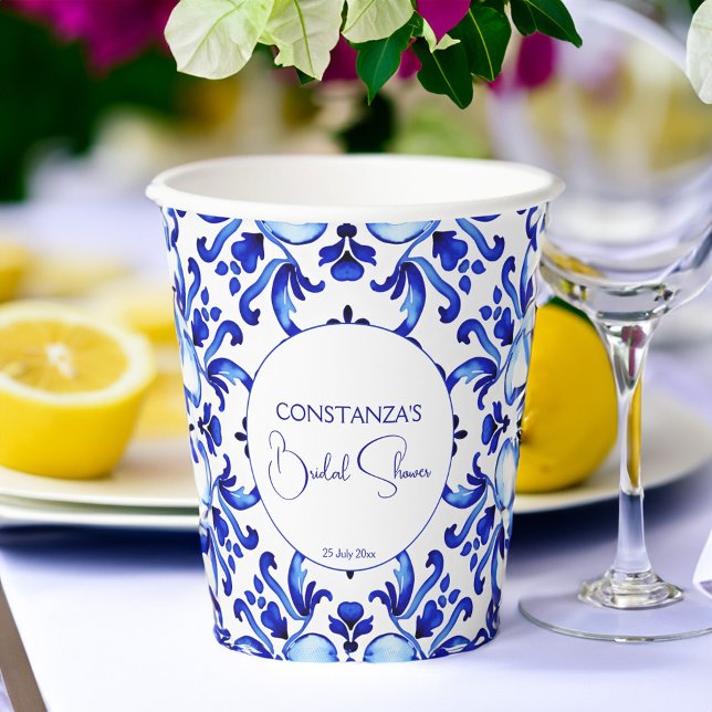 Vasos De Papel Azulejos azules Talavera ducha de novia mexicana (Talavera azulejo blue tiles vintage Mexican bridal shower monogram printed Paper Cups table decor)
