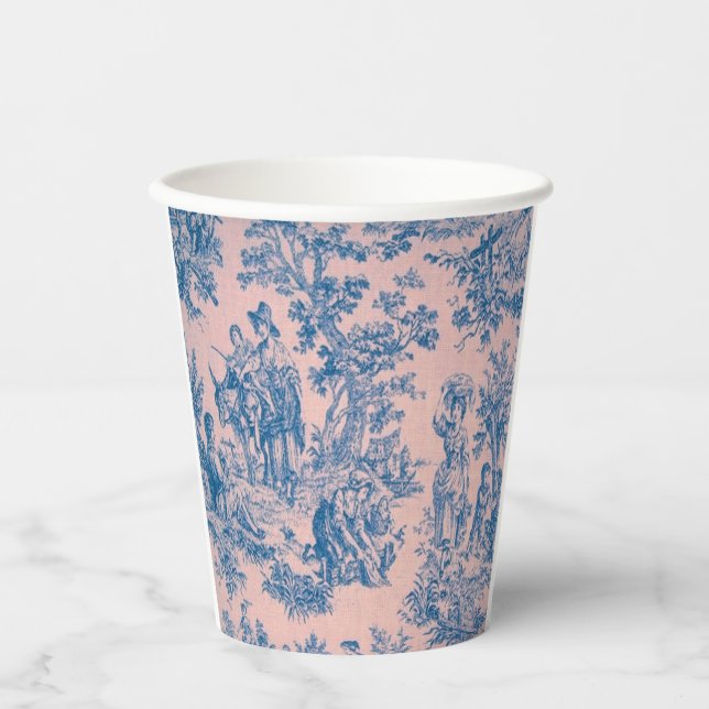 Vasos De Papel Azulejos de jouy azul y rosa elegante (Anverso)