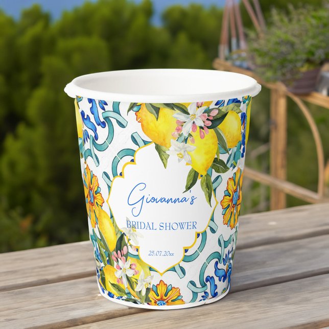 Vasos De Papel Azulejos de mallica mediterráneos limones ducha de (Mediterranean Majolica Italian blue tiles lemons bridal shower personalized printed Paper Cups)