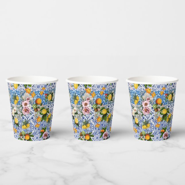 Vasos De Papel Azulejos Patrón Mediterráneo (Multi)