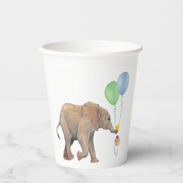 Vasos De Papel Baby Elephant blue & green balloon Set x16 paper c (Anverso)