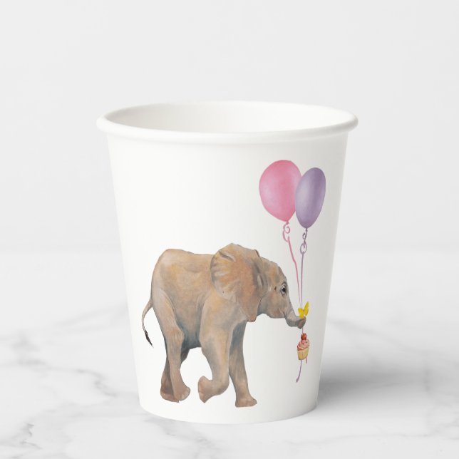 Vasos De Papel Baby Elephant pink & violet balloon Set x16 (Anverso)