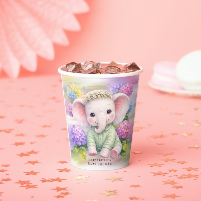 Vasos De Papel Baby Elephant with Hydrangeas Baby Shower  (in situ)