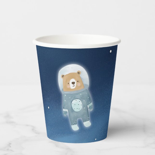Vasos De Papel Baby Shower astronauta de oso espacial azul (Anverso)