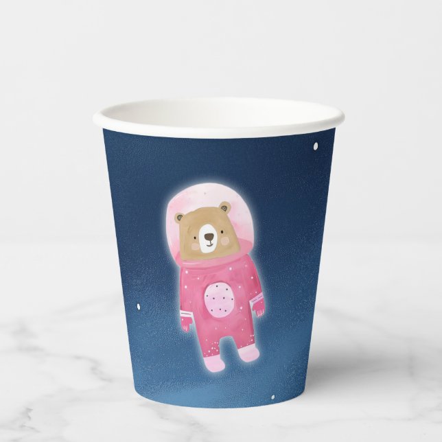 Vasos De Papel Baby Shower astronauta de oso espacial rosa (Anverso)