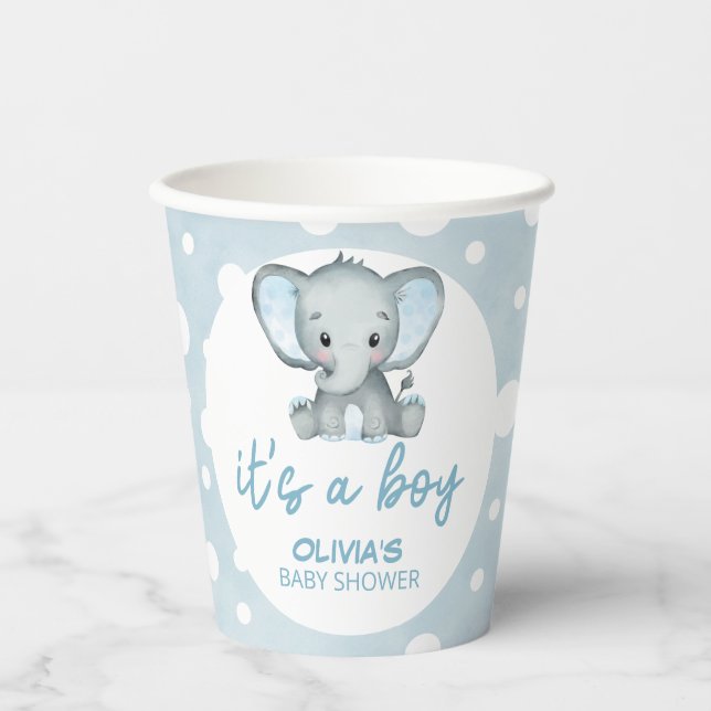 Vasos De Papel Baby Shower azul Cute Elephant (Anverso)