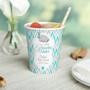 Vasos De Papel Baby Shower azul turquesa, blanco, elefante gris