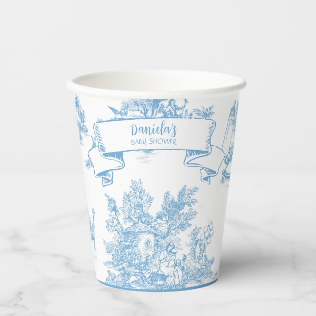 Vasos De Papel Baby Shower Blue and White Toile de Jouy (Anverso)