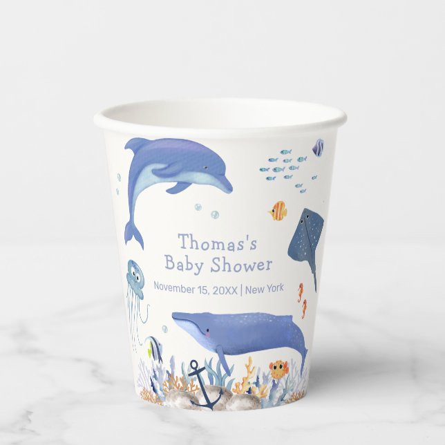 Vasos De Papel Baby Shower Blue Rustic Ocean Dolphin Whale Boy (Anverso)