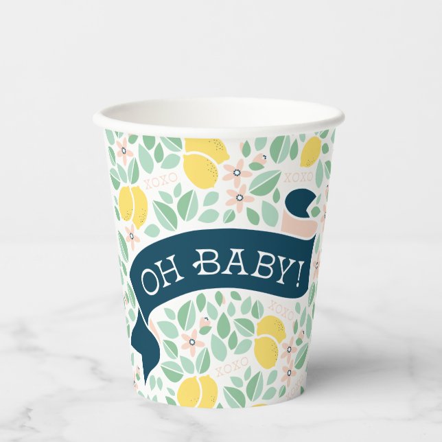 Vasos De Papel Baby Shower botánico amarillo limón lindo (Anverso)