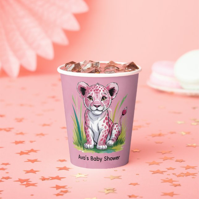 Vasos De Papel Baby Shower Chica de leones rosados (in situ)