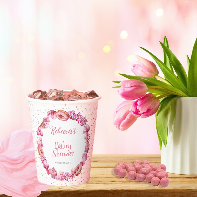 Vasos De Papel Baby Shower Chica de marco de caramelo rosa (Pink Candy and Treats Frame Girl Baby Shower Paper Cups)