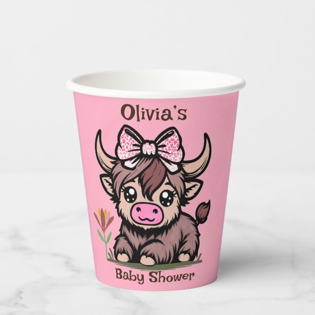 Vasos De Papel Baby Shower Chica de Vaca Rosa Tan Highland (Anverso)