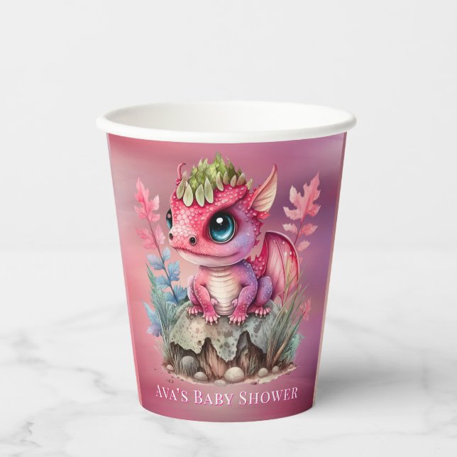 Vasos De Papel Baby Shower Chica Dragón rosa caliente (Anverso)