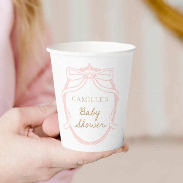 Vasos De Papel Baby Shower Chica mínimo de inclinación rosada (Pink Bow Minimal Girl Baby Shower Paper Cups)