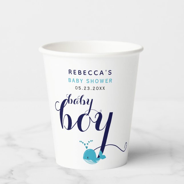 Vasos De Papel Baby Shower con temática oceánica de ballena azul (Anverso)
