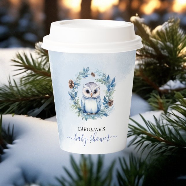 Vasos De Papel Baby Shower de acuarela de búho de invierno (Winter Owl Watercolor Baby Shower Paper Cups)
