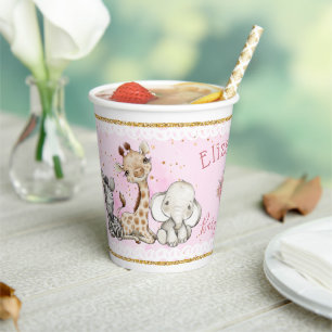 Vasos De Papel Baby Shower de animales de safari rosado