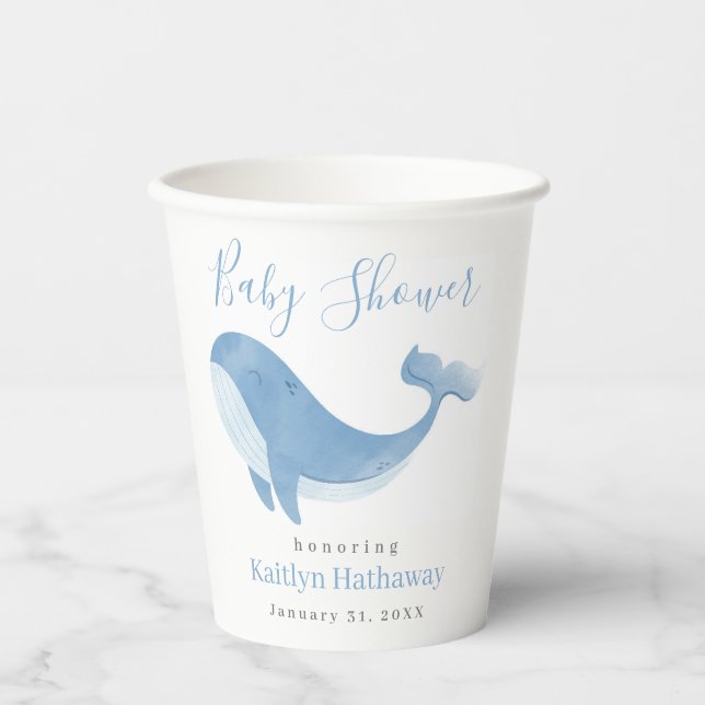 Vasos De Papel Baby Shower de ballena azul acuarela (Anverso)