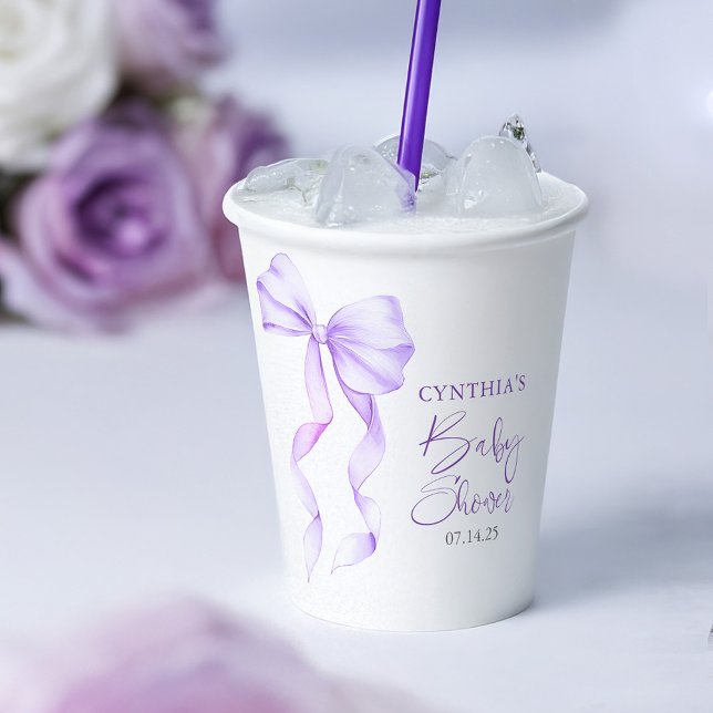 Vasos De Papel Baby Shower de cinta morada (Purple Bow Baby Shower Paper Cups)