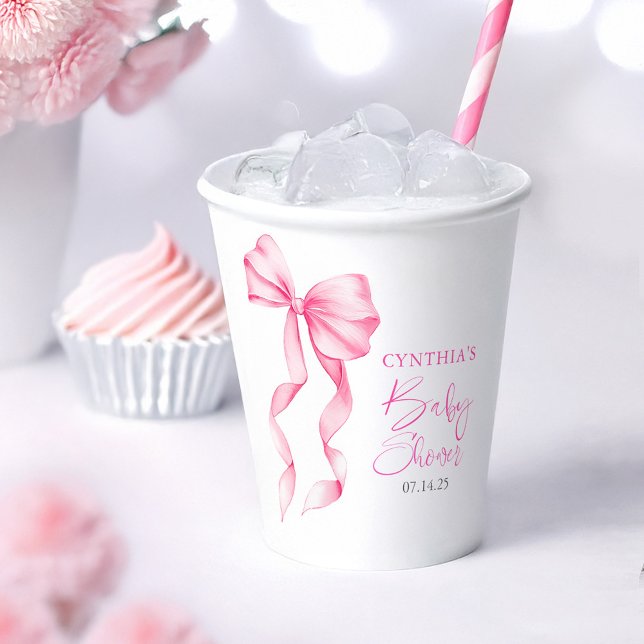 Vasos De Papel Baby Shower de cinta rosada (Pink Bow Baby Shower Paper Cup)