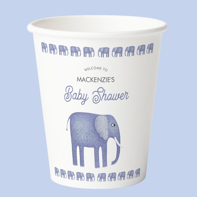Vasos De Papel Baby Shower de elefante azul personalizado (Blue elephant baby shower paper cup)