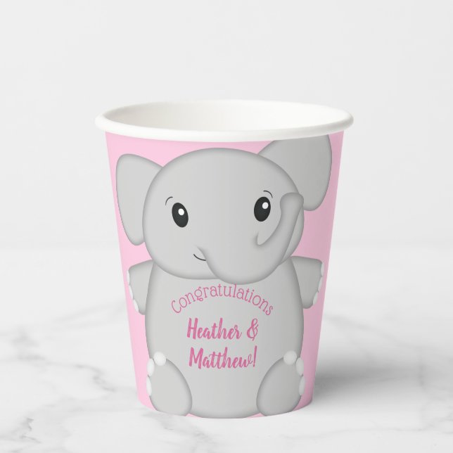 Vasos De Papel Baby Shower de Elefante Rosa (Anverso)