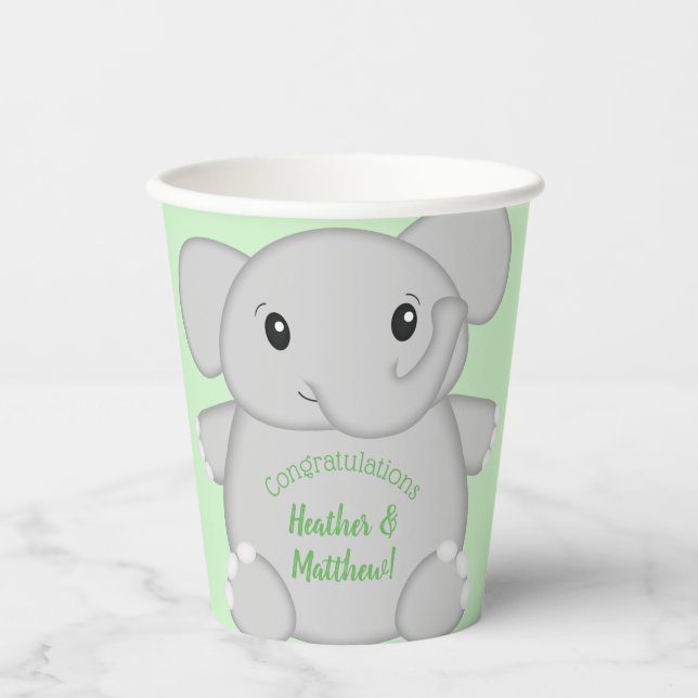 Vasos De Papel Baby Shower de Elefante Verde (Anverso)