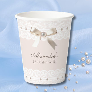 Vasos De Papel Baby Shower de encaje blanco rosado de rencilla de