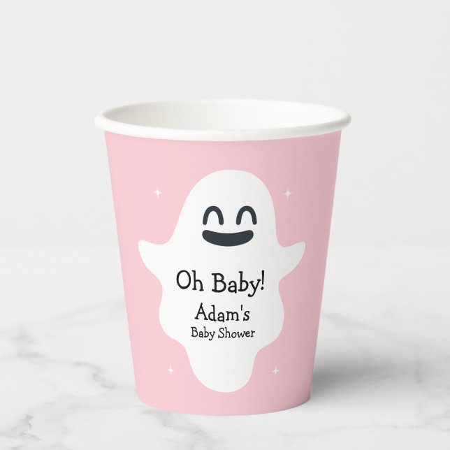 Vasos De Papel Baby Shower de Fantasma Halloween Feliz Rosa (Anverso)