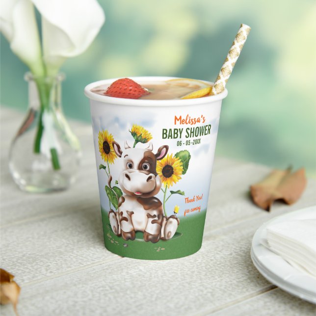 Vasos De Papel Baby Shower de girasol para vaca marrón (in situ)