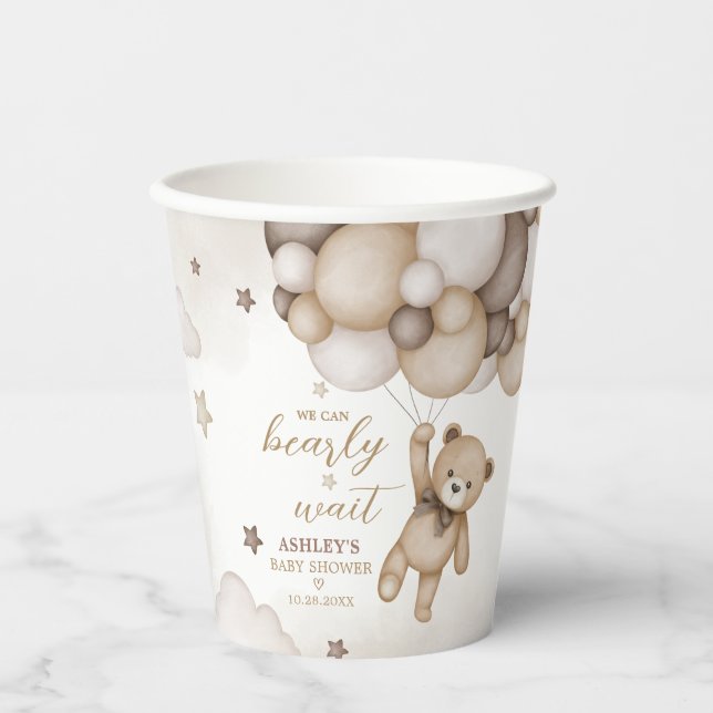 Vasos De Papel Baby Shower de globo Bear Brown (Anverso)