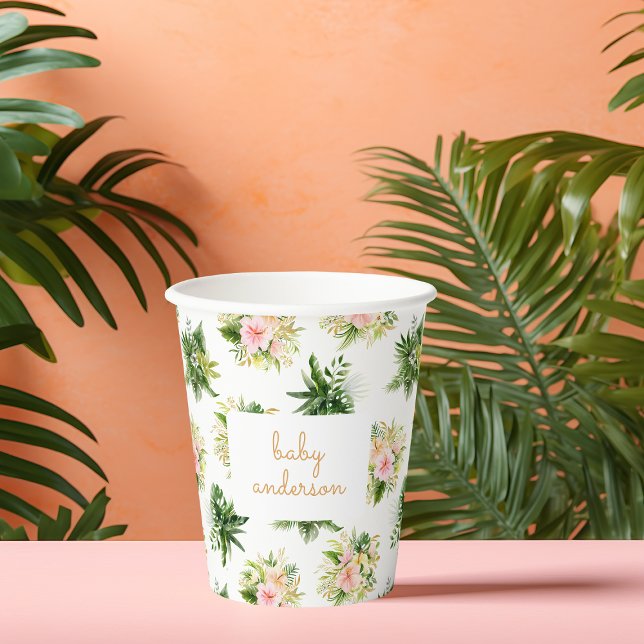 Vasos De Papel Baby Shower de hojas tropicales (tropical paper cup for a wild one jungle baby shower party with flowers in neutral colors)