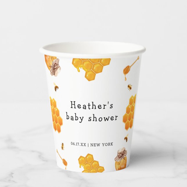 Vasos De Papel Baby Shower de marco moderno de abejorro de miel (Anverso)