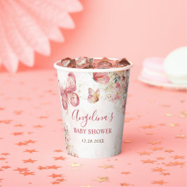 Vasos De Papel Baby Shower de mariposa floral de boho rosa