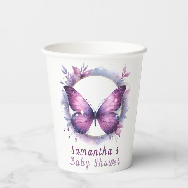 Vasos De Papel Baby Shower de mariposa morada (Reverso )