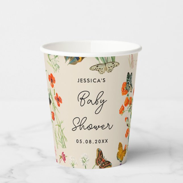 Vasos De Papel Baby Shower de mariposas acuarela Wildflowers (Izquierda)