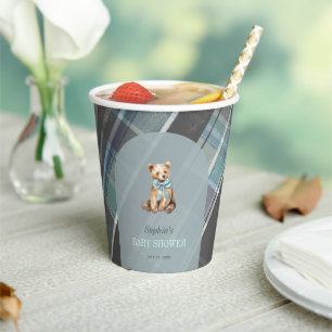 Vasos De Papel Baby Shower de osito de peluche de color gris y az