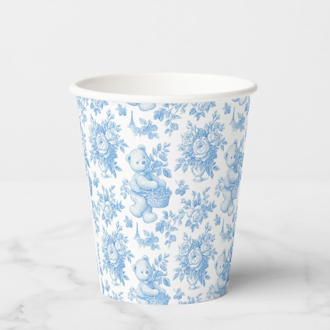 Vasos De Papel Baby Shower de oso floral toile francés (Anverso)