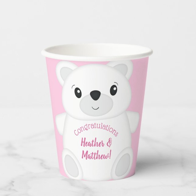 Vasos De Papel Baby Shower de oso polar rosa (Anverso)