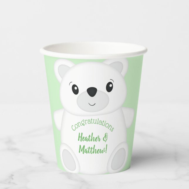 Vasos De Papel Baby Shower de oso polar verde (Anverso)