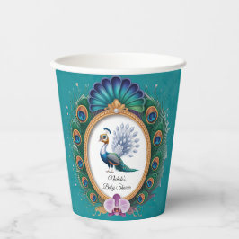 Vasos De Papel Baby Shower de pavo real blanco y dorado