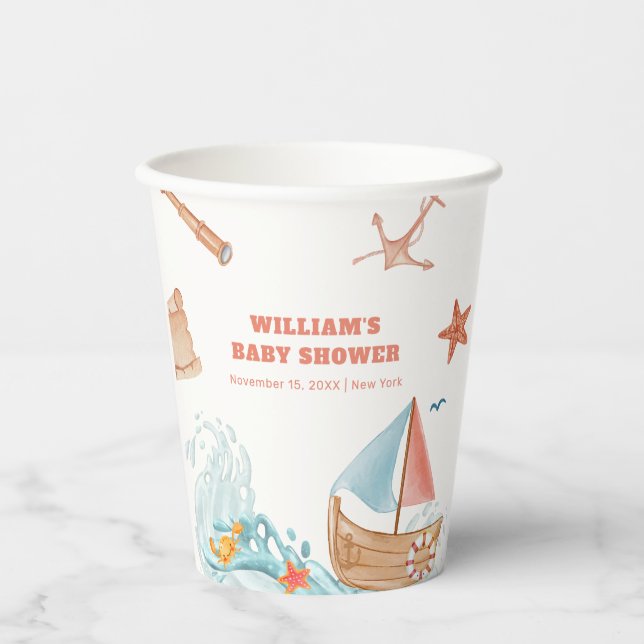 Vasos De Papel Baby Shower de Rustic Ocean Boy Adventure (Anverso)